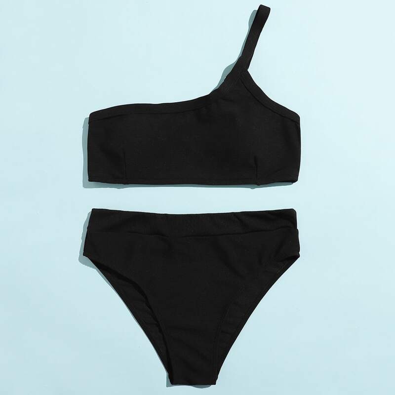 

One Shoulder High Waist Bikini Swimsuit, Black