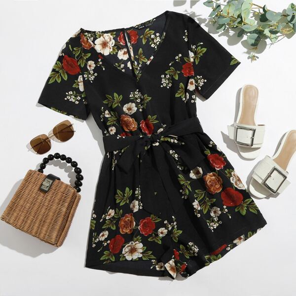 

Keyhole Back Belted Floral Print Romper, Black