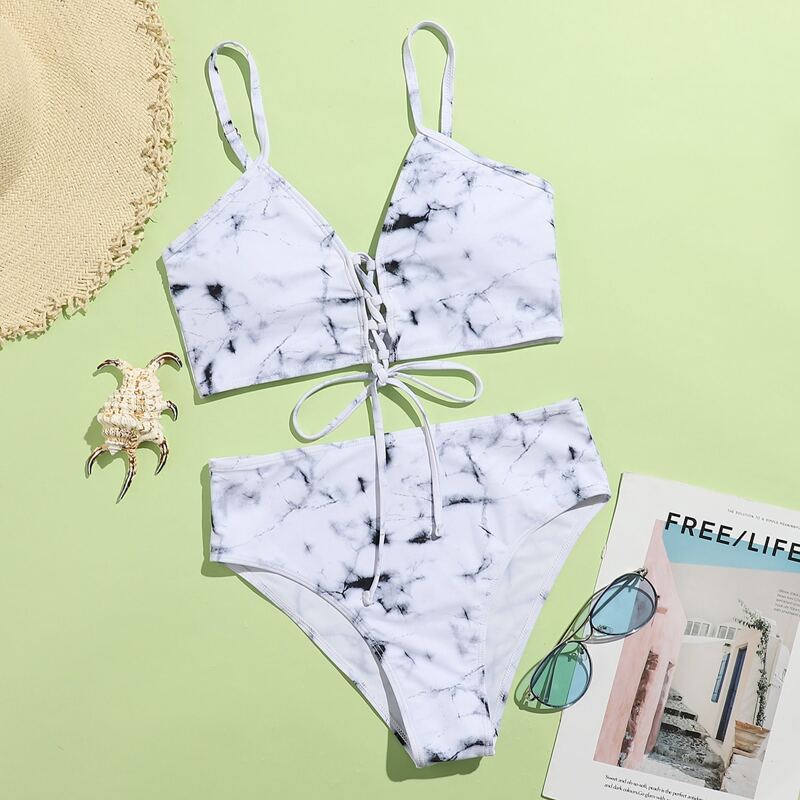 

Marble Lace Up Front Bikini Swimsuit, White