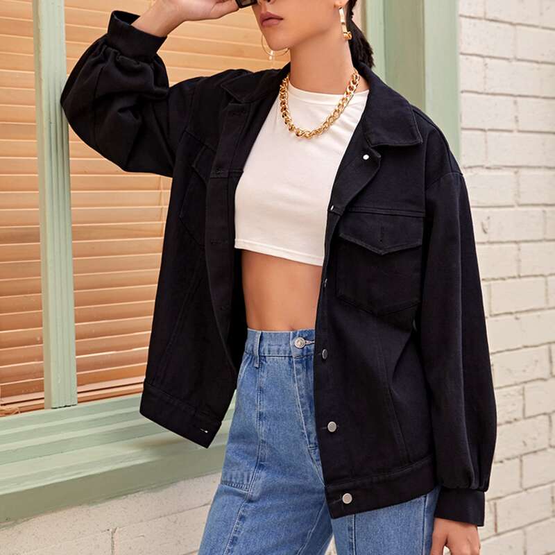 

Collared Single Breasted Pocket Front Coat, Black