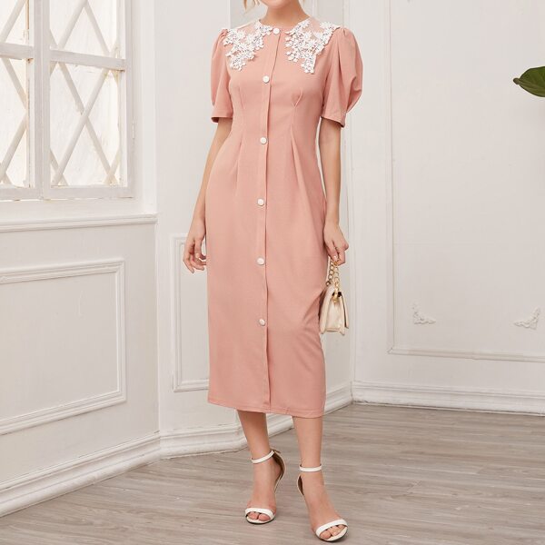 

Embroidery Mesh Collar Puff Sleeve Buttoned Front Dress, Pastel baby pink