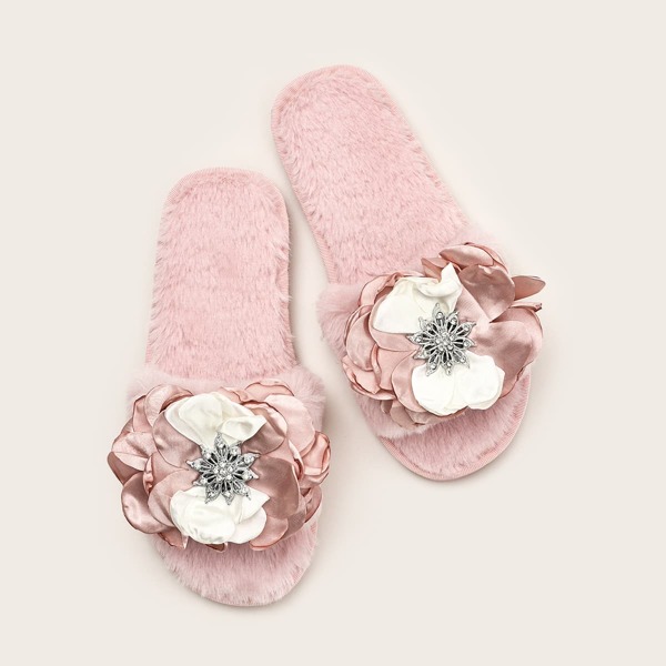

Floral Decor Fluffy Slippers, Pink