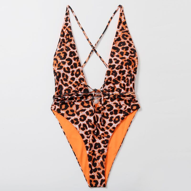 

Leopard Plunging One Piece Swimsuit, Multicolor