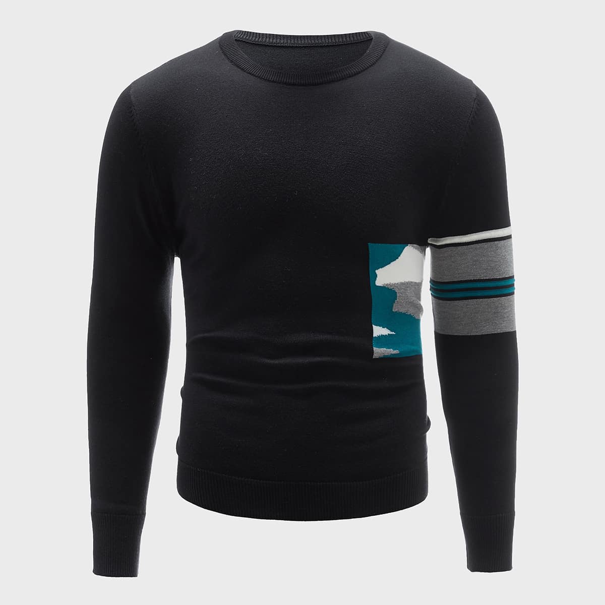 

Guys Ribbed Knit Trim Contrast Panel Sweater, Black