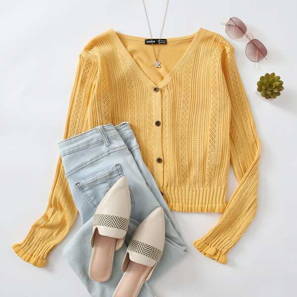

Frill Trim Pointelle Knit Cardigan, Mustard yellow
