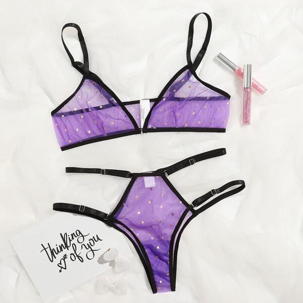 

Star Print Cut-out Mesh Lingerie Set, Violet purple