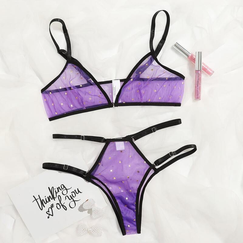 

Star Print Cut-out Mesh Lingerie Set, Violet purple