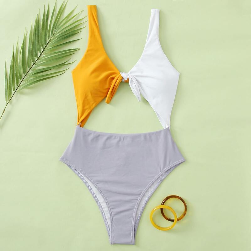 

Colorblock Knot Detail One Piece Swimsuit, Multicolor