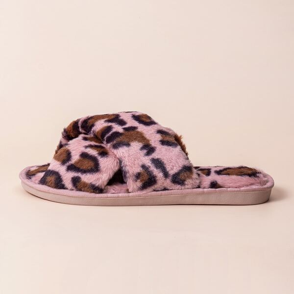 

Leopard Cross Strap Fluffy Slippers, Pink