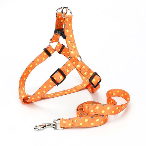

1pc Dog Lemon Print Harness With 1pc Leash, Orange