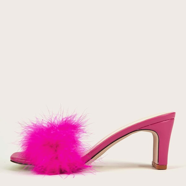 

Faux Fur Decor Chunky Heeled Mules, Red violet
