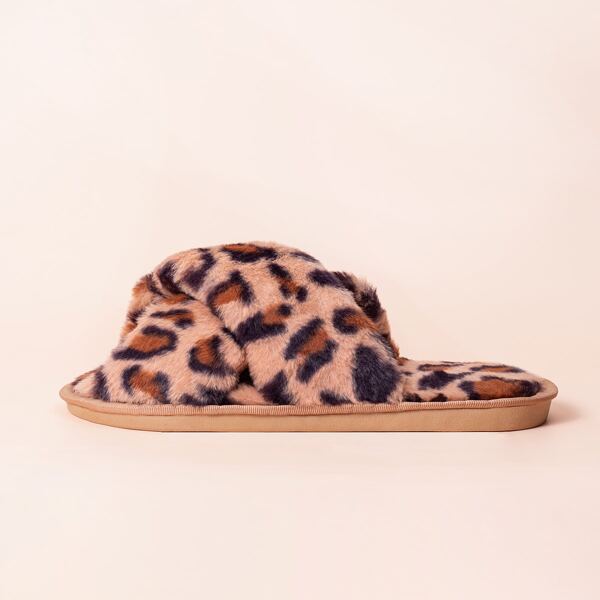 

Leopard Cross Strap Fluffy Slippers, Brown