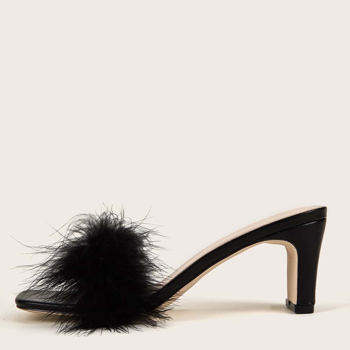 

Faux Fur Decor Chunky Heeled Mules, Black
