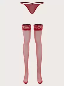 Floral Lace Mesh Stockings With Thong - Red - View 1