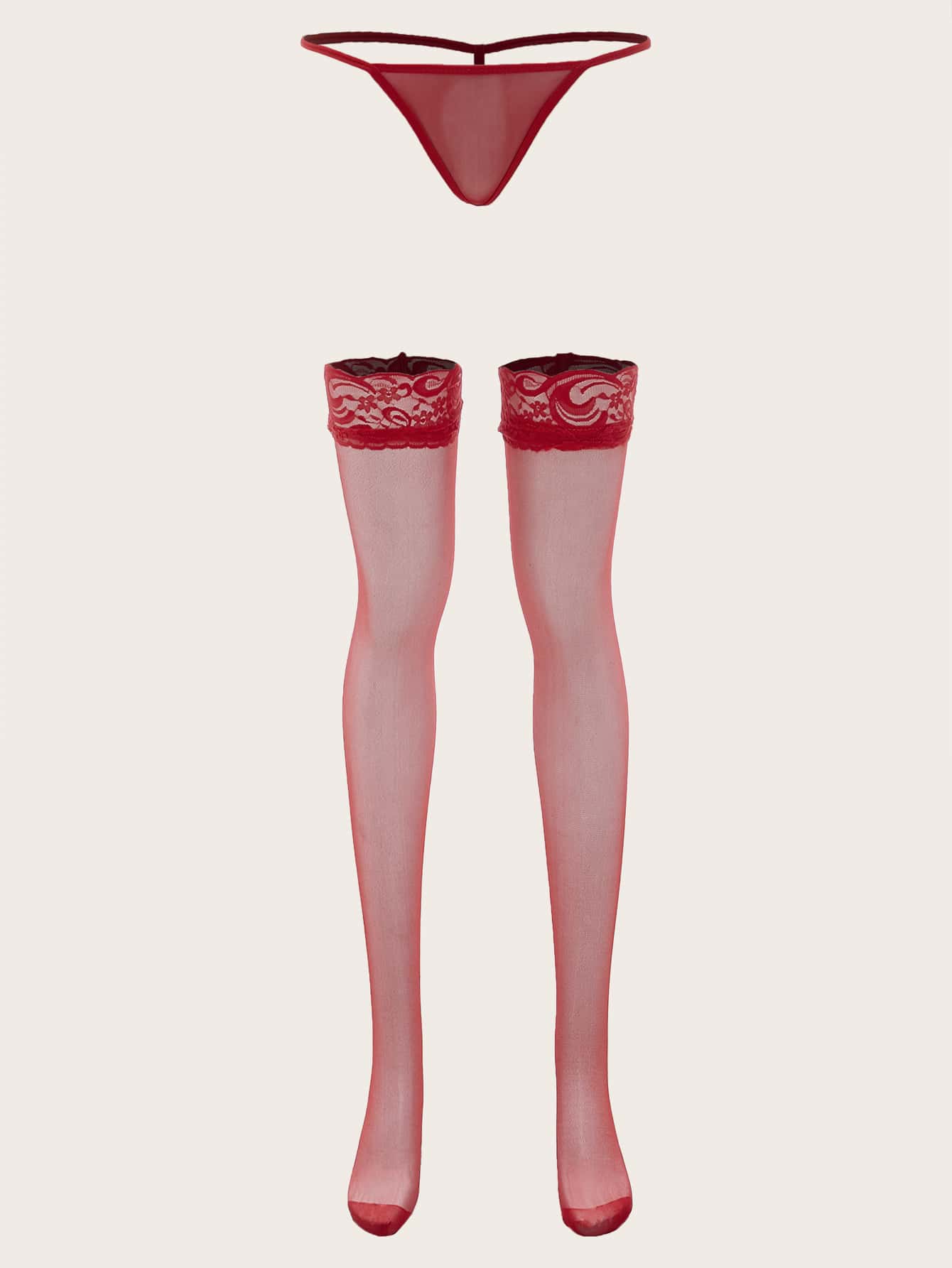 Floral Lace Mesh Stockings With Thong - Red - View 1