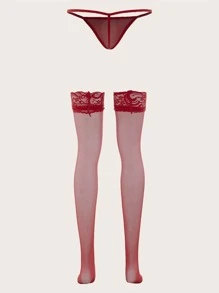 Floral Lace Mesh Stockings With Thong - Red - View 2