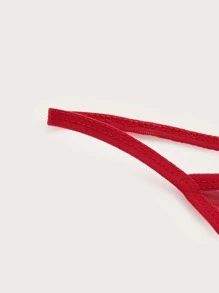 Floral Lace Mesh Stockings With Thong - Red - View 3