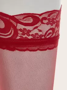 Floral Lace Mesh Stockings With Thong - Red - View 4