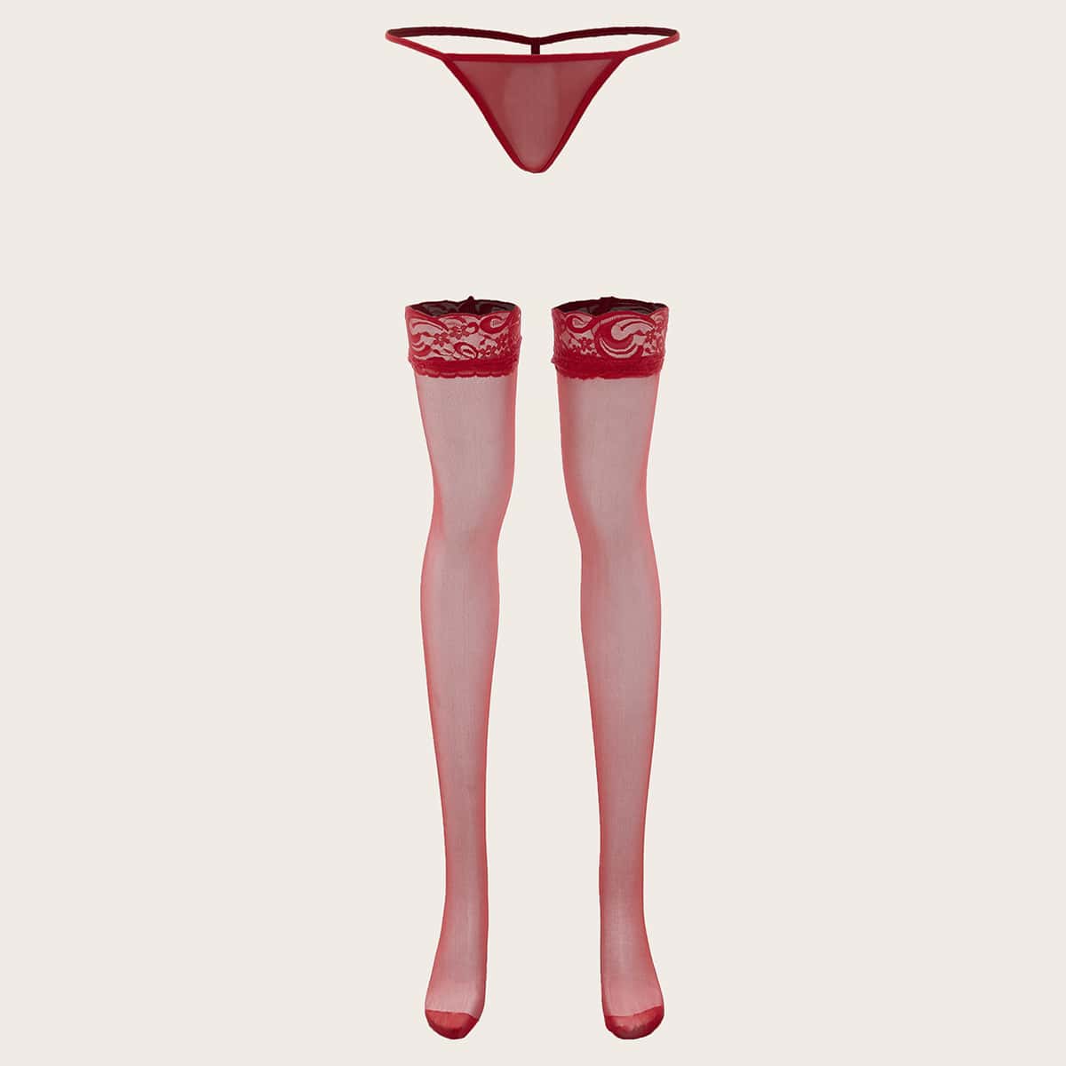 

Floral Lace Mesh Stockings With Thong, Red