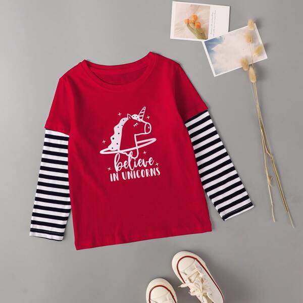 

Toddler Girls Striped Cartoon Graphic 2 In 1 Tee, Red