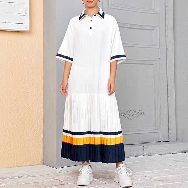 

Collared Buttoned Half Placket Pleated Hem Colorblock Dress, White