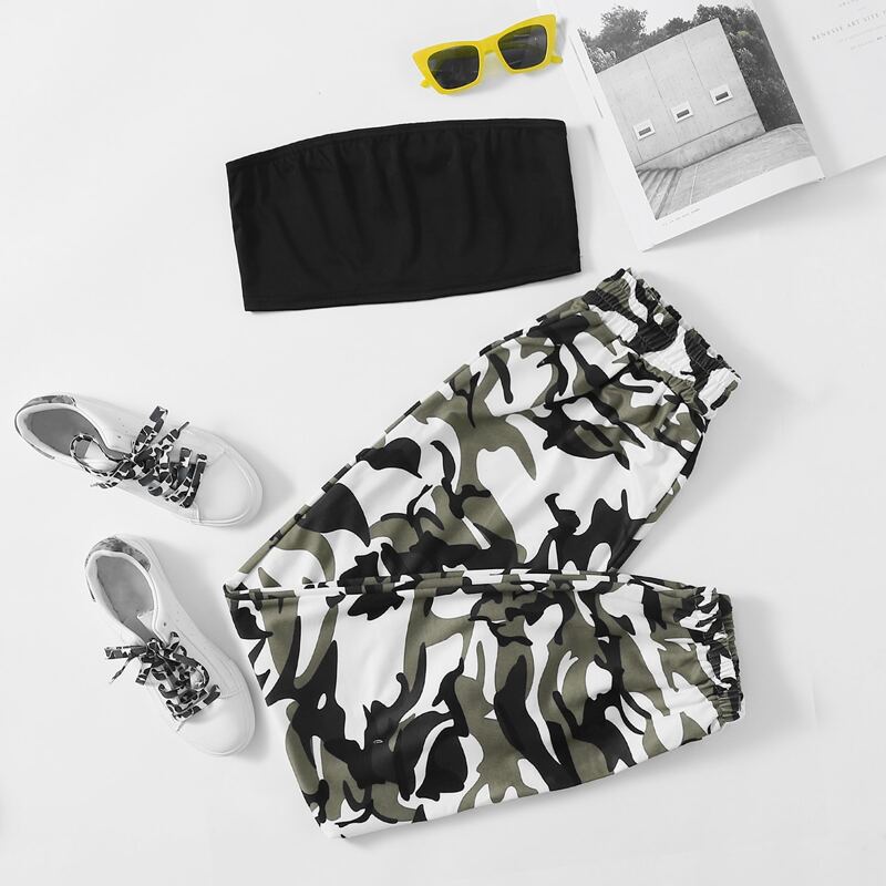 

Solid Tube Top & Camo Joggers, Multicolor