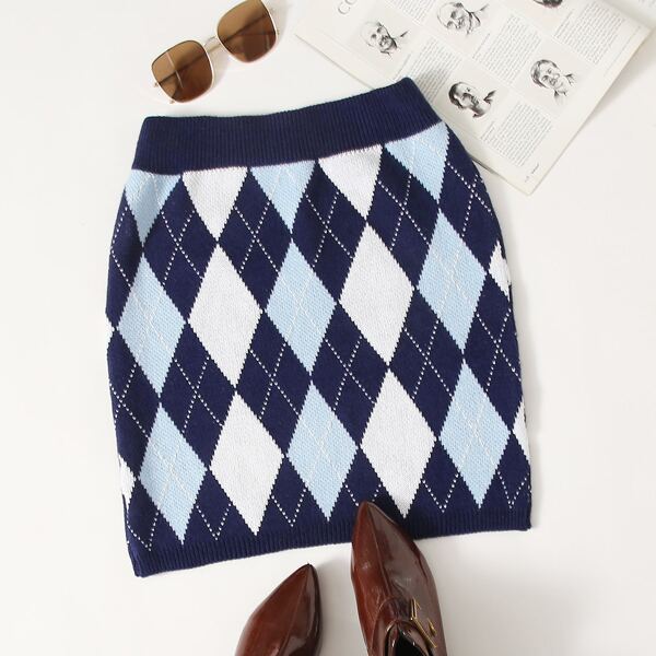 

Argyle Pattern Ribbed Skirt, Multicolor