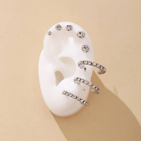 

8pcs Rhinestone Decor Earrings, Silver
