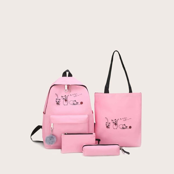 

4pcs Girls Pom Pom Decor Cartoon Graphic Backpack Set, Pink