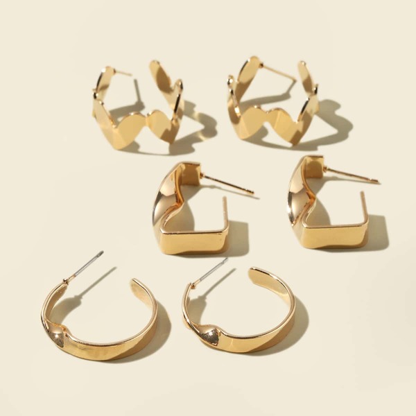 

3pairs Irregular Cuff Hoop Earrings, Gold