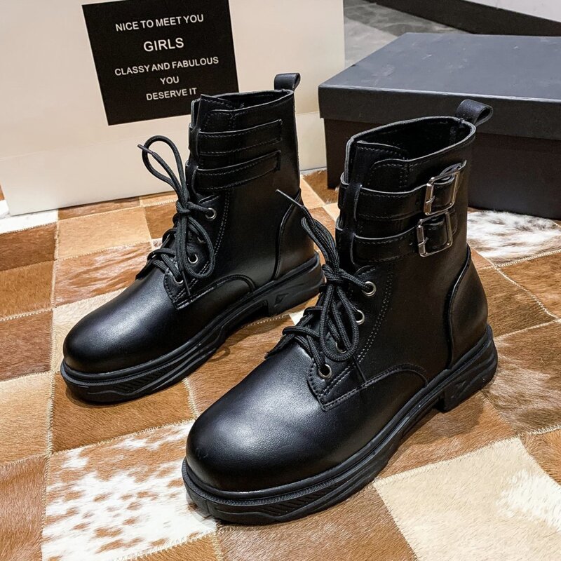 

Buckle Lace-up Combat Boots, Black