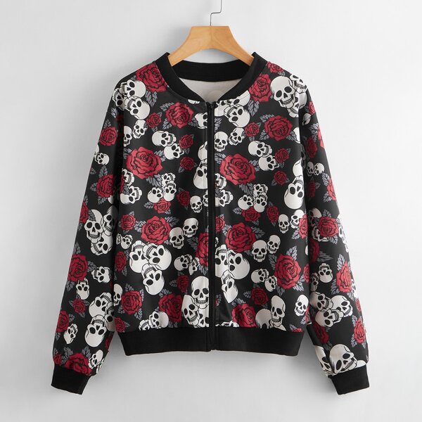 

Skull And Floral Print Bomber Jacket, Multicolor
