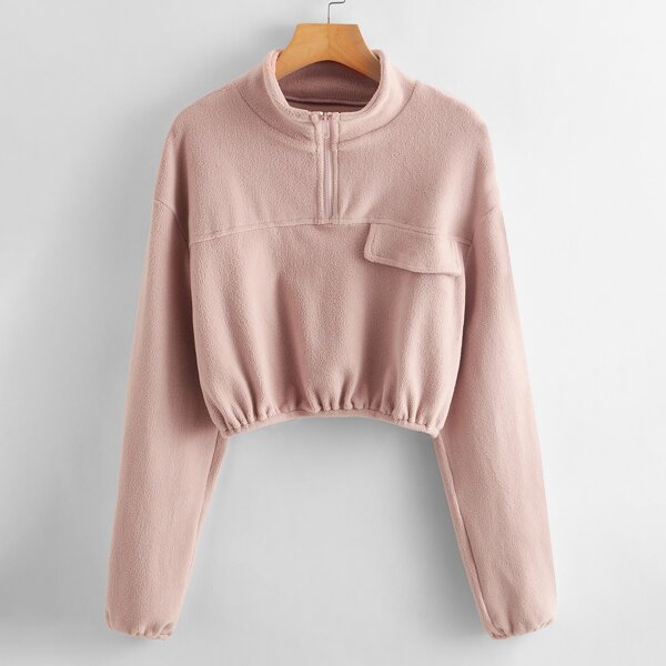 

Solid Half Zipper Crop Sweatshirt, Pastel dusty pink