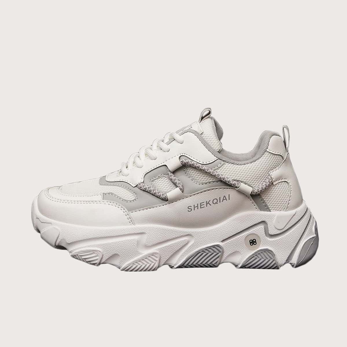 

Lace-up Mesh Chunky Sneakers, Beige
