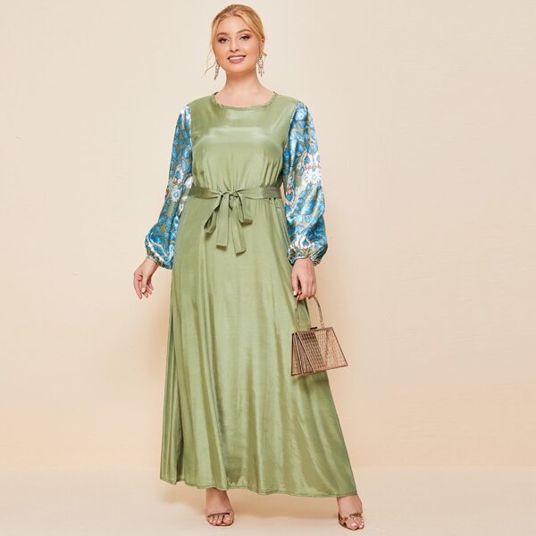 

Plus Plants Print Sleeve Belted Maxi Dress, Lime green