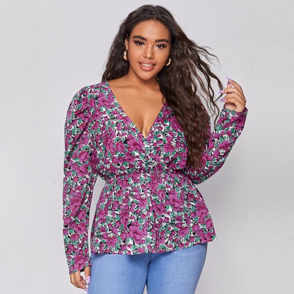 

Plus Allover Floral Print Peplum Blouse, Multicolor