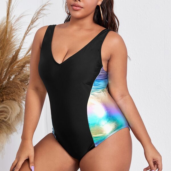 

Plus Contrast Metallic One Piece Swimsuit, Black