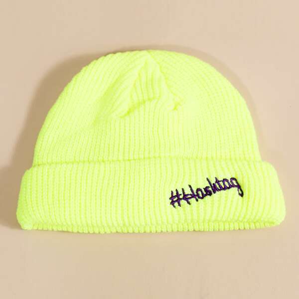 

Letter Embroidered Beanie, Green neon
