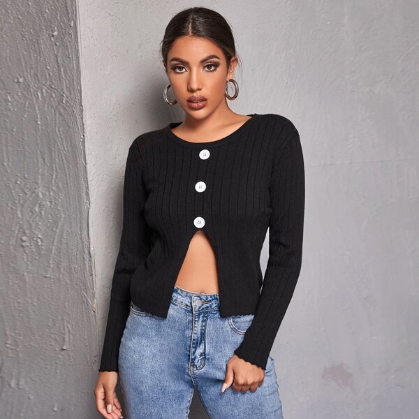 

Buttoned Front Split Hem Rib-knit Sweater, Black