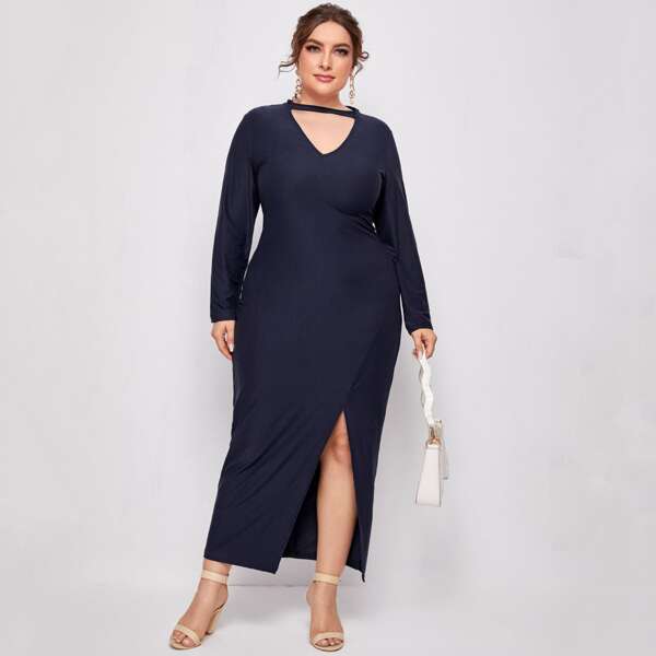 

Plus Cut Out Front Split Fitted Dress, Navy blue