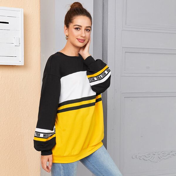 

Drop Shoulder Letter Graphic Colorblock Pullover, Multicolor