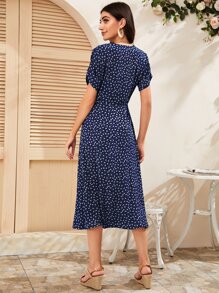 SHEIN VCAY Ditsy Floral Button Up Split Dress