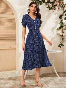 SHEIN VCAY Ditsy Floral Button Up Split Dress