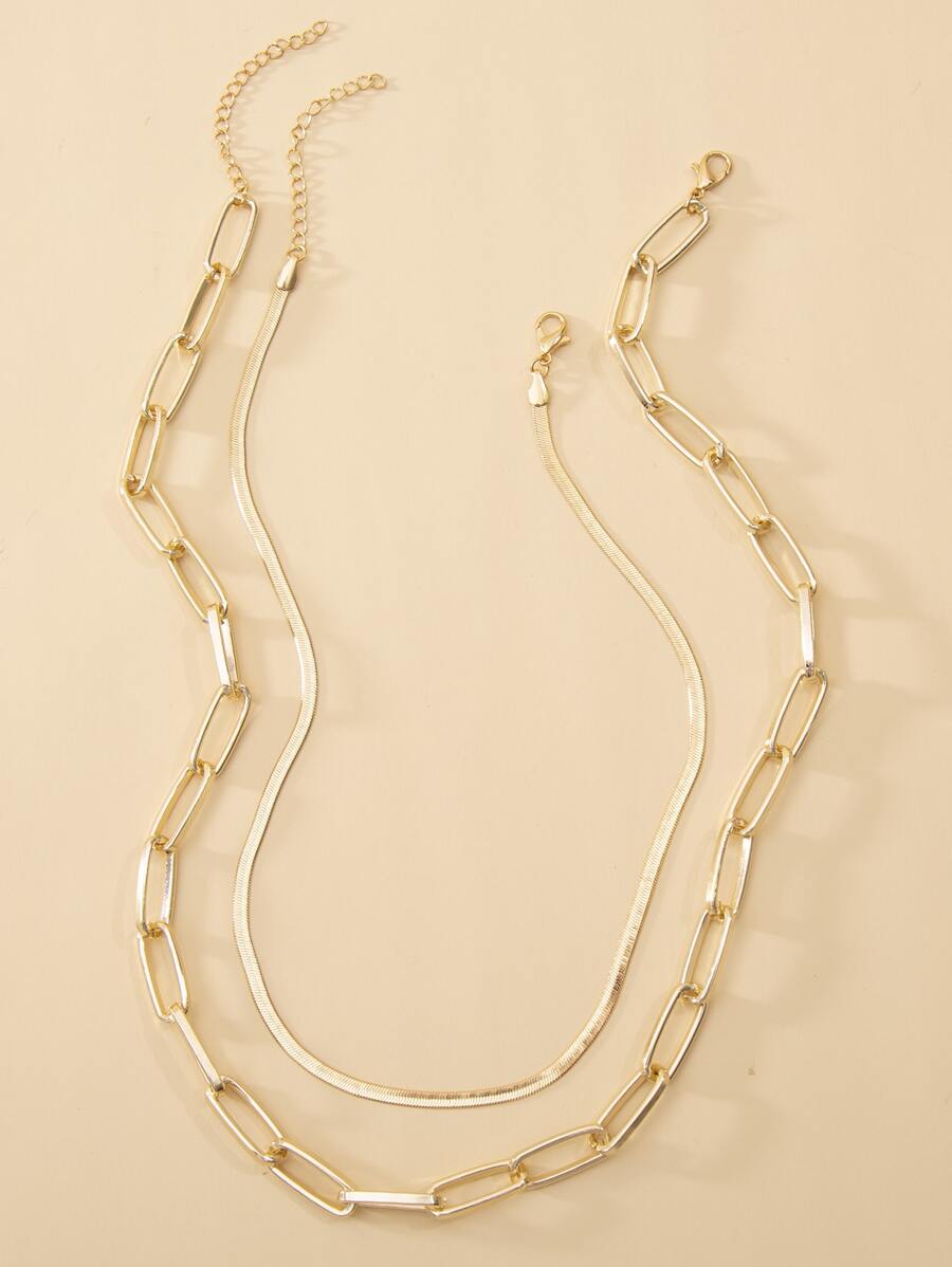 2pcs Simple Flat Snake Chain & Chunky Chain Double Layered Necklace For