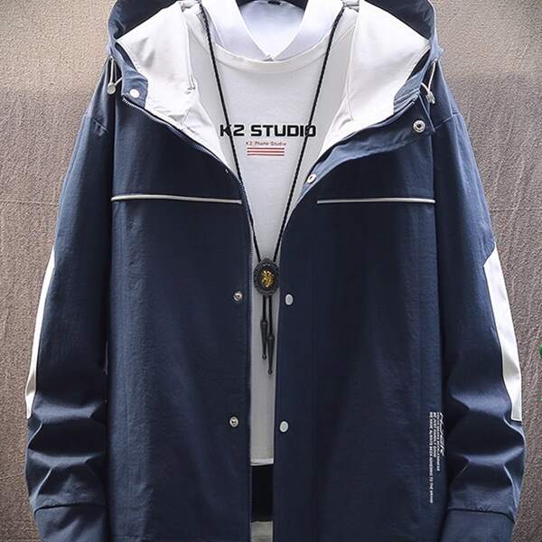 

Men Letter Graphic Drawstring Zip-up Hooded Jacket, Navy blue