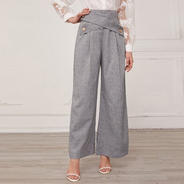 

Crisscross Buttoned Front Wide Leg Pants, Grey
