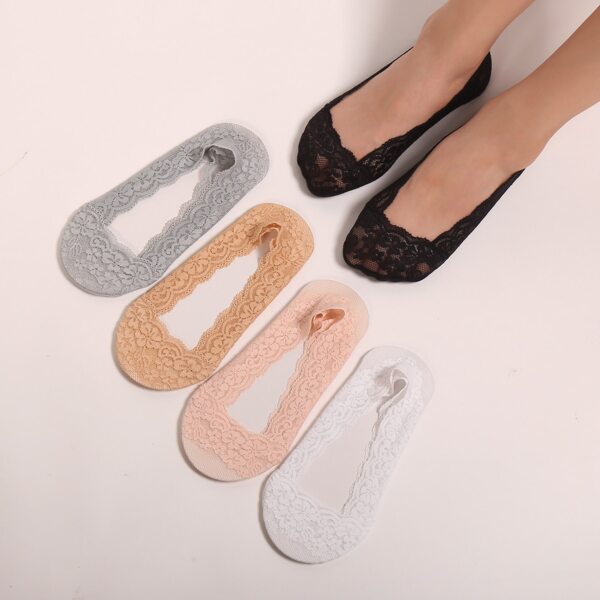 

5pairs Lace Trim Invisible Socks, Multicolor