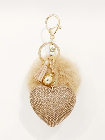 可爱 1 件女式水钻镶嵌韩国纯色心形钥匙扣，带爱心标签和球，情人节、母亲节、婚礼回礼情人节汽车配饰包袋饰品学院哥特 Y2k