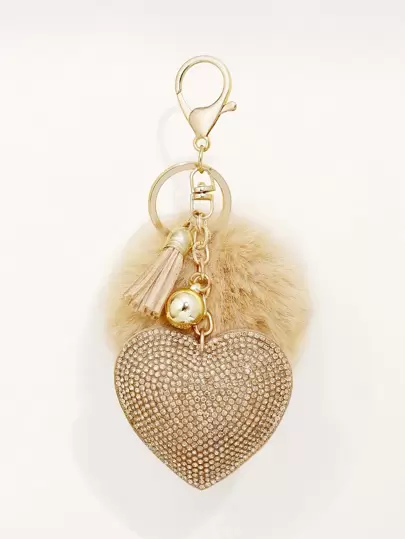 Cute 1pc Women Rhinestone Inlaid Korean Solid Color Heart-Shaped Keychain With Love Label & Ball, Valentine's Day, Mother's Day, Wedding Favors Valentines Car Accessories Bag Charm School Goth Y2k