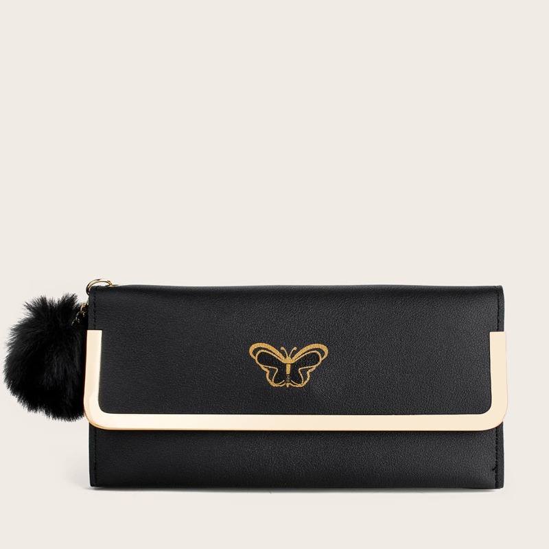 

Pom-pom Charm Butterfly Print Purse, Black